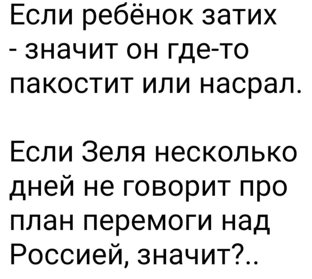 Если ребёнок затих значит он где то пакостит или насрал Если Зеля несколько дней не говорит про план перемоги над Россией значит