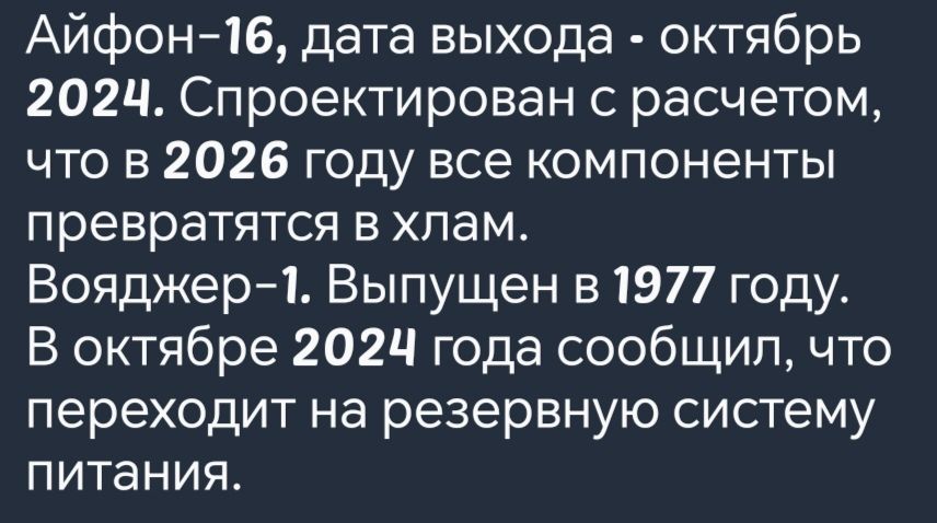 Айфон 16 дата выхода октябрь 2024 Спроектирован с расчетом что в 2026 году все компоненты превратятся в хлам Вояджер 1 Выпущен в 1977 году В октябре 2024 года сообщил что переходит на резервную систему питания