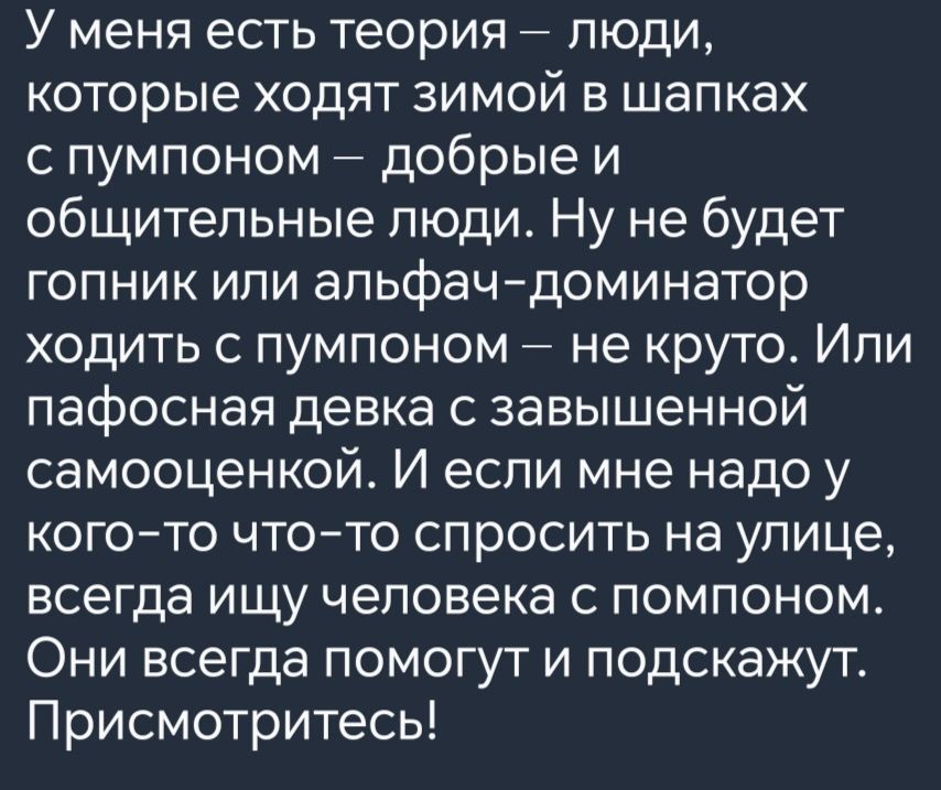 У меня есть теория люди которые ходят зимой в шапках с пумпоном добрые и общительные люди Ну не будет гопник или альфач доминатор ходить с пумпоном не круто Или пафосная девка с завышенной самооценкой И если мне надо у кого то что то спросить на улице всегда ищу человека с помпоном Они всегда помогут и подскажут Присмотритесь