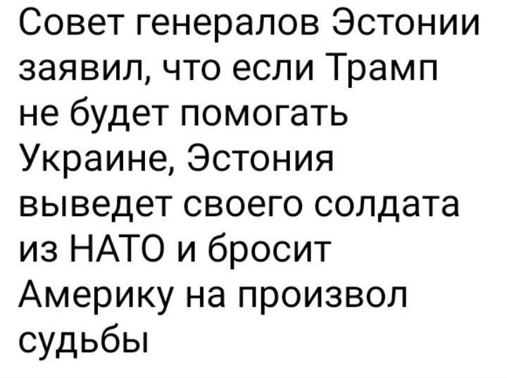 Совет генералов Эстонии заявил что если Трамп не будет помогать Украине Эстония выведет своего солдата из НАТО и бросит Америку на произвол судьбы