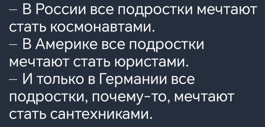 В России все подростки мечтают стать космонавтами В Америке все подростки мечтают стать юристами И только в Германии все подростки почему то мечтают стать сантехниками