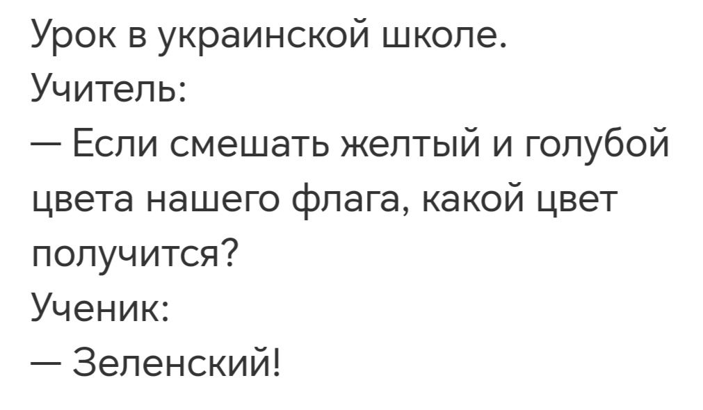 Урок в украинской школе Учитель Если смешать желтый и голубой цвета нашего флага какой цвет получится Ученик Зеленский