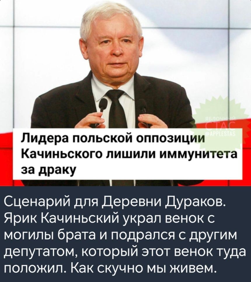 Лидера польской оппозиции Качиньского лишили иммунитета за драку Сценарий для Деревни Дураков Ярик Качиньский украл венок с могилы брата и подрался с другим депутатом КОТОрЫЙ этот венок туда положил Как скучно мы живем