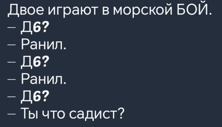 Двое играют в морской БОЙ Д6 Ранил П6 Ранил Д6 Ты что садист