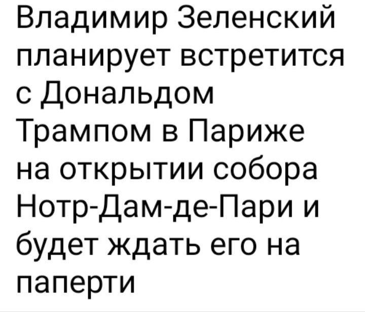 Владимир Зеленский планирует встретится с Дональдом Трампом в Париже на открытии собора Нотр Дам де Пари и будет ждать его на паперти