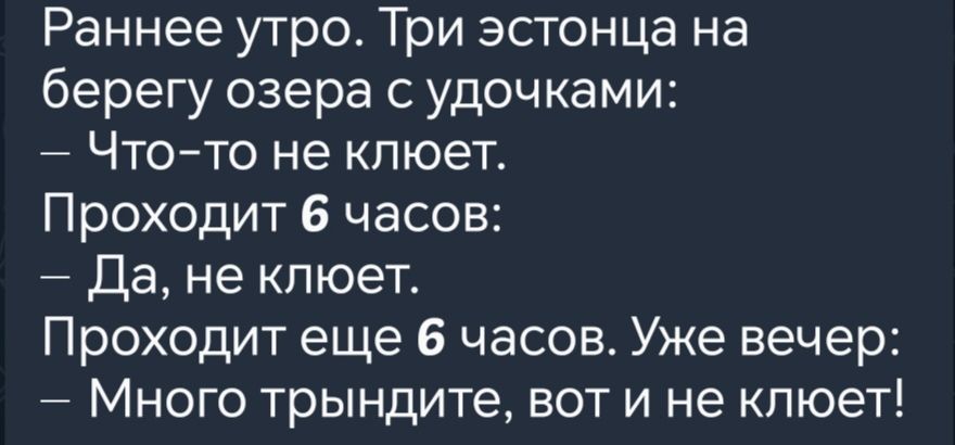 Раннее утро Три эстонца на берегу озера с удочками Что то не клюет Проходит 6 часов Да не клюет Проходит еще 6 часов Уже вечер Много трындите вот и не клюет