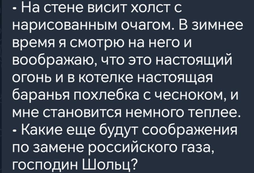 На стене висит холст с нарисованным очагом В зимнее время я смотрю на него и воображаю что это настоящий огонь и в котелке настоящая баранья похлебка с чесноком и мне становится немного теплее Какие еще будут соображения по замене российского газа господин Шольц