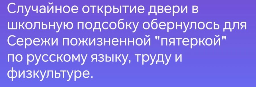 Случайное открытие двери в школьную подсобку обернулось для Сережи пожизненной пятеркой по русскому языку труду и физкультуре