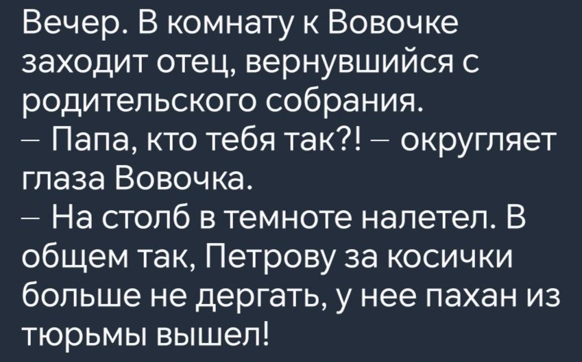 Вечер В комнату к Вовочке заходит отец вернувшийся с родительского собрания Папа кто тебя так округляет глаза Вовочка На столб в темноте налетел В общем так Петрову за косички больше не дергать у нее пахан из тюрьмы вышел