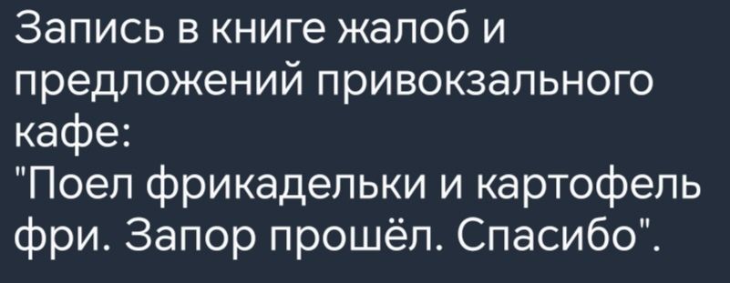 Запись в книге жалоб и предложений привокзального кафе Поел фрикадельки и картофель фри Запор прошёл Спасибо