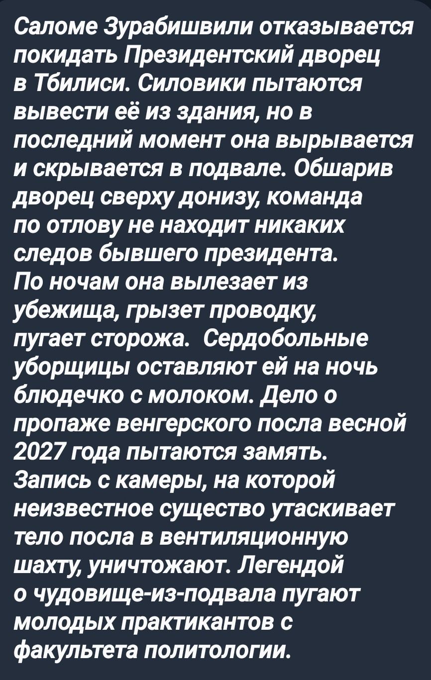 Саломе Зурабишвили отказывается покидать Президентский дворец в Тбилиси Силовики пытаются вывести её из здания но в последний момент она вырывается и скрывается в подвале Обшарив дворец сверху донизу команда по отлову не находит никаких следов бывшего президента По ночам она вылезает из убежища грызет проводку пугает сторожа Сердобольные уборщицы о