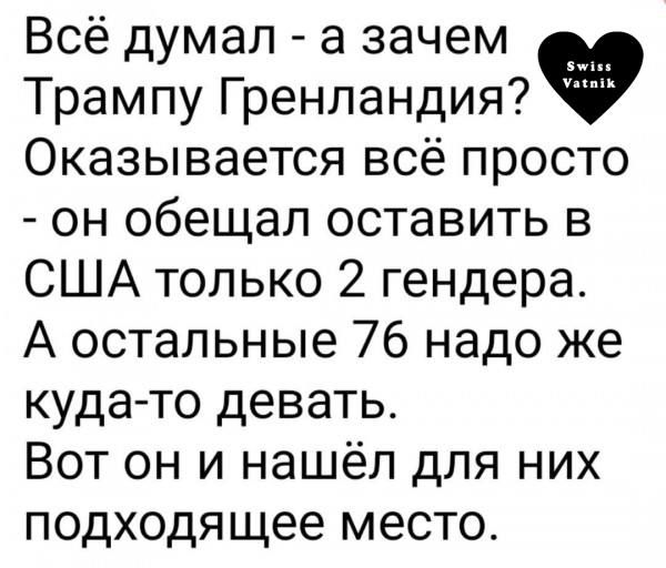 Всё думал а зачем Трампу Гренландия Оказывается всё просто он обещал оставить в США только 2 гендера А остальные 76 надо же куда то девать Вот он и нашёл для них подходящее место