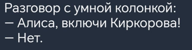 Разговор с умной колонкой Алиса включи Киркорова Нет