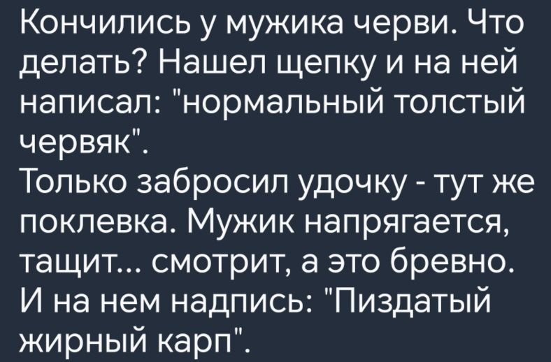 Кончились у мужика черви Что делать Нашел щепку и на ней написал нормальный толстый червяк Только забросил удочку тут же поклевка Мужик напрягается тащит смотрит а это бревно И на нем надпись Пиздатый жирный карп