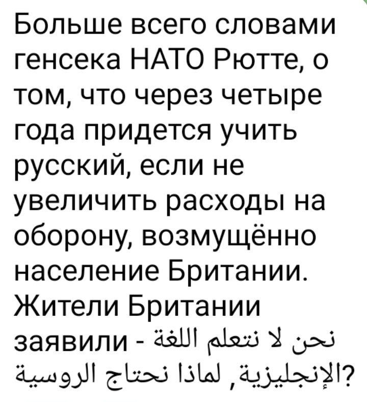 Больше всего словами генсека НАТО Рютте о том что через четыре года придется учить русский если не увеличить расходы на оборону возмущённо население Британии Жители Британии заявили Ш а15 3 а493 б 1Ы Аа