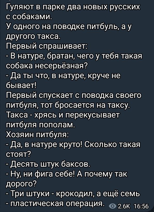 Гуляют в парке два новых русских с собаками У одного на поводке питбуль а у другого такса Первый спрашивает В натуре братан чего у тебя такая собака несерьёзная Даты что в натуре круче не бывает Первый спускает с поводка своего питбуля тот бросается на таксу Такса хрясь и перекусывает питбуля пополам Хозяин питбуля Да в натуре круто Сколько такая с