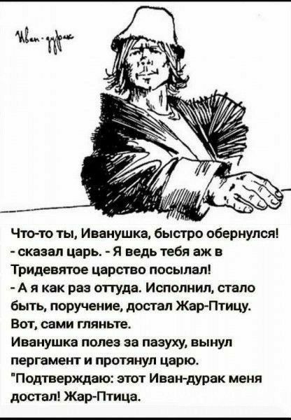 Что то ты Иванушка быстро обернулся сказал царь Я ведь тебя аж в Тридевятое царство посылал Аякак раз оттуда Исполнил стало быть поручение достал Жар Птицу Вот сами гляньте Иванушка полез за пазуху вынул пергамент и протянул царю Подтверждаю этот Иван дурак меня достал Жар Птица