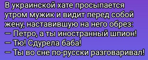 Вуукраинскойхате просыпается утроммужикии видитперед собой женулнаставившую на негообрез Шетролальиностранный шпион Людурела баба Лыцвоснетпорусскиразтоваривал