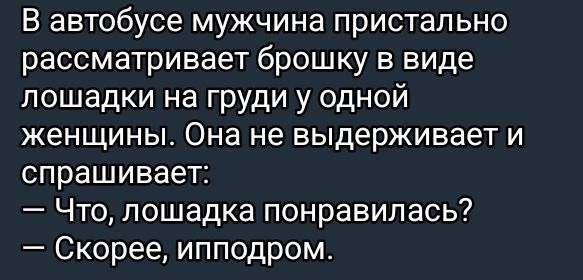 В автобусе мужчина пристально рассматривает брошку в виде лошадки на груди у одной женщины Она не выдерживает и спрашивает Что лошадка понравилась Скорее ипподром