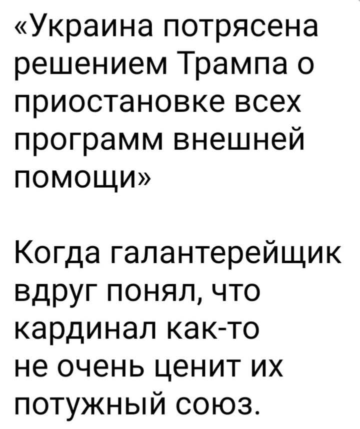 Украина потрясена решением Трампа о приостановке всех программ внешней ПОомоОЩИ Когда галантерейщик вдруг понял что кардинал как то не очень ценит их потужный союз