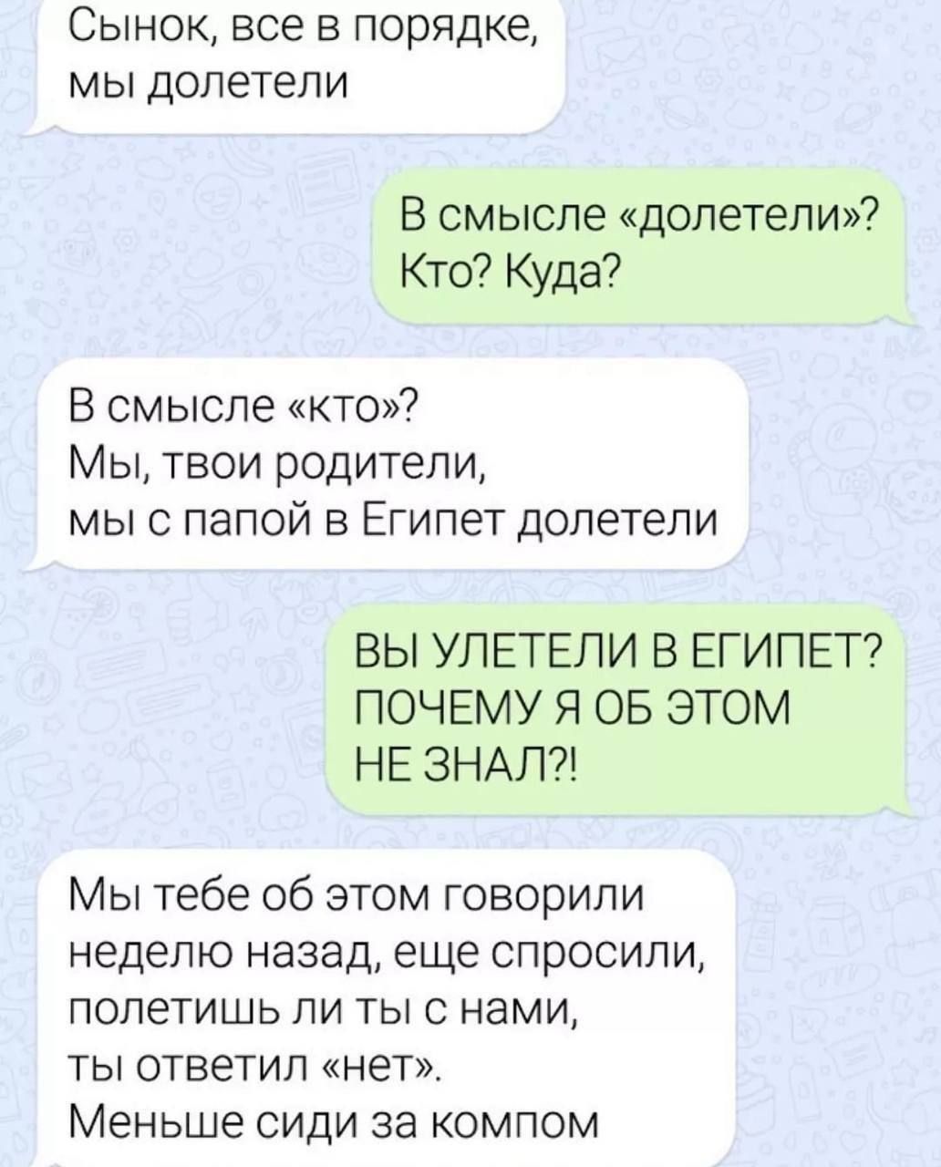 Сынок все в порядке мы долетели В смысле долетели Кто Куда В смысле кто Мы твои родители мы с папой в Египет долетели ВЫ УЛЕТЕЛИ В ЕГИПЕТ ПОЧЕМУ Я ОБ ЭТОМ НЕ ЗНАЛ Мы тебе об этом говорили неделю назад еще спросили полетишь ли ты с нами ты ответил нет Меньше сиди за компом