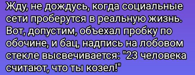 Ждузлне дождусь когда социальные сети проберулся в реальную жизнь Вот допустимлобъехал пробкудпо обочиненибацинадпись на лобовом стекле высвечивается 23 человека считаютачтолькозеля