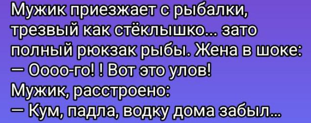 Мужикприезжает с рыбалки трезвый какистёеклышко зато полный рюкзаюрыбыжЖена вшоке 0ооо поВотЭэтоулов Мужикарасстроено Кумипадлалводкудомазабыл