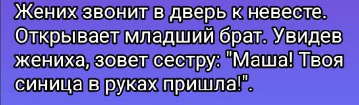 Женихзвонитвдверь невесте ОткрываетмладшийбратУвидев жениха зоветсеструзаМашаТвоя синицаврукахтришла