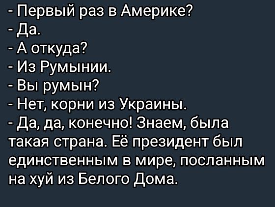 первый раз в америке?  Да.  А откуда?  Из румынии.  Вы румын?  Нет, корни из украины.  Да, да, конечно! Знаем, была такая страна. Её президент был единственным в мире, посланным на хуй из белого дома.