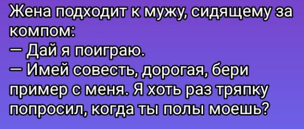 Жена подходит к мужу, сидящему за компом:
— Дай я поиграю.
— Имей совесть, дорогая, бери пример с меня. Я хоть раз тряпку попросил, когда ты полы моешь?