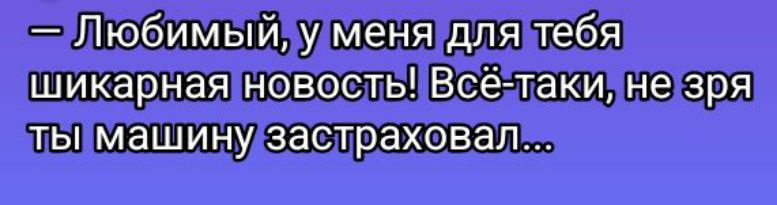 — Любимый, у меня для тебя шикарная новость! Всё-таки, не зря ты машину застраховал...