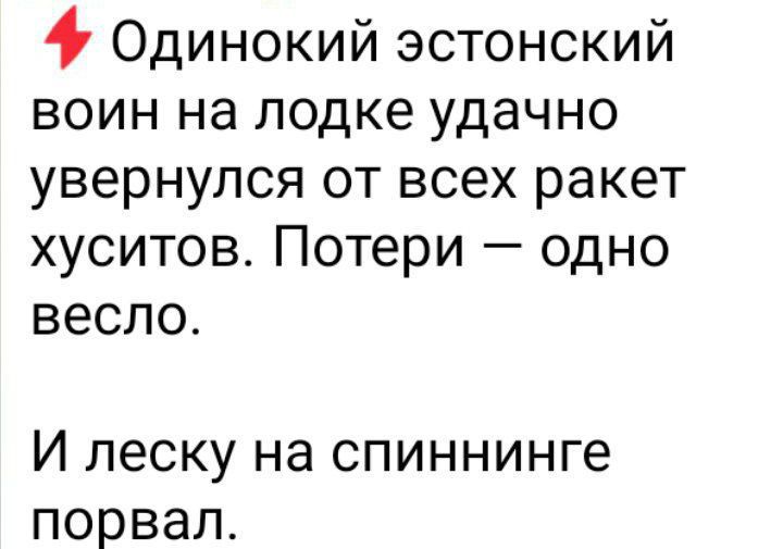 Одинокий эстонский воин на лодке удачно увернулся от всех ракет хуситов. Потери — одно весло.

И леску на спиннинге порвал.