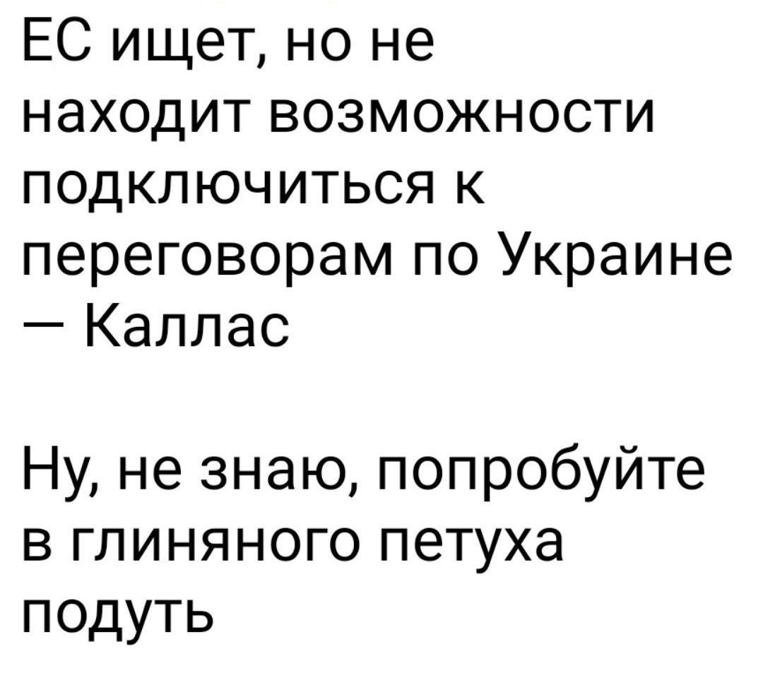 ЕС ищет, но не находит возможности подключиться к переговорам по Украине — Каллас
Ну, не знаю, попробуйте в глинянного петуха подуть