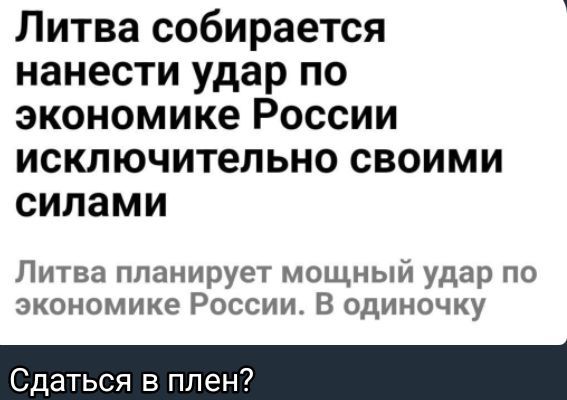 Литва собирается нанести удар по экономике России исключительно своими силами
Литва планирует мощный удар по экономике России. В одиночку
Сдаться в плен?