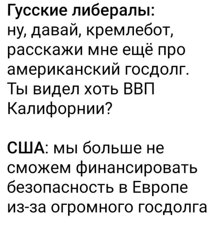 Русские либералы:
ну, давай, кремлебот, расскажи мне ещё про американский господлг. Ты видел хоть ВВП Калифорнии?

США: мы больше не сможем финансировать безопасность в Европе из-за огромного господла