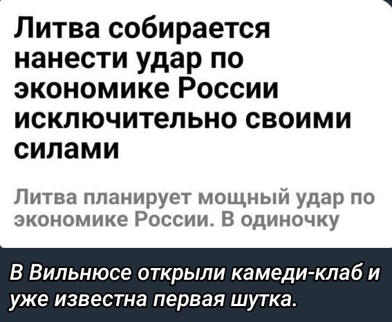 Литва собирается нанести удар по экономике России исключительно своими силами

Литва планирует мощный удар по экономике России. В одиночку

В Вильнюсе открыли комеди-клаб и уже известна первая шутка.