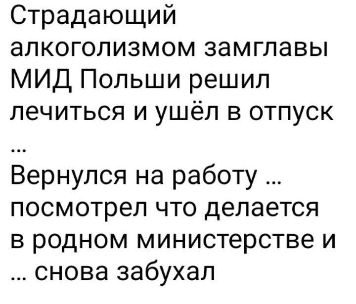 Страдающий алкоголизмом замглавы МИД Польши решил лечиться и ушёл в отпуск ... Вернулся на работу ... посмотрел что делается в родном министерстве и ... снова забухал