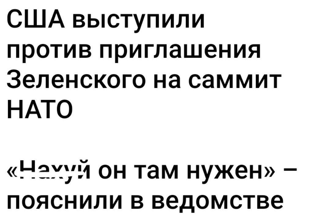 США выступили против приглашения Зеленского на саммит НАТО
«Нахуй он там нужен» – explained in the department