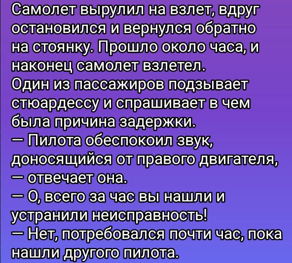 Самолет вырулил на взлет, вдруг остановился и вернулся обратно на стоянку. Прошло около часа, и наконец самолет взлетел.
Один из пассажиров подзывает стюардессу и спрашивает в чем была причина задержки.
— Пилота обеспокоил звук, доносящийся от правого двигателя, отвечает она.
— О, всего за час вы нашли и устранили неисправность!
— Нет, потребовалось почти час, пока нашли другого пилота.