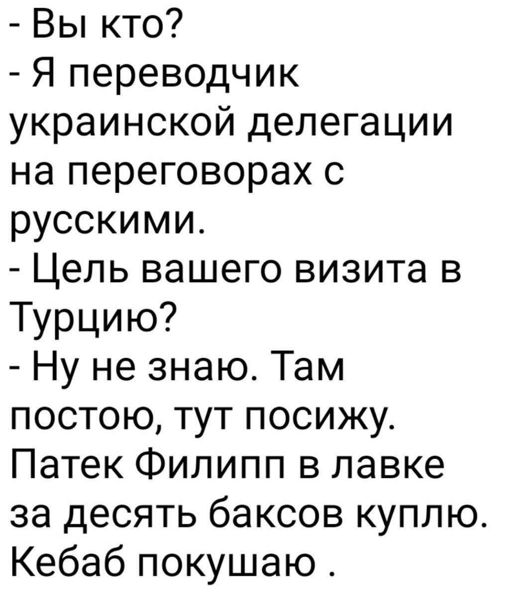Вы кто?
Я переводчик украинской делегации на переговорах с русскими.
Цель вашего визита в Турцию?
Ну не знаю. Там постою, тут посижу. Патек Филипп в лавке за десять баксов куплю. Кебаб покушаю.