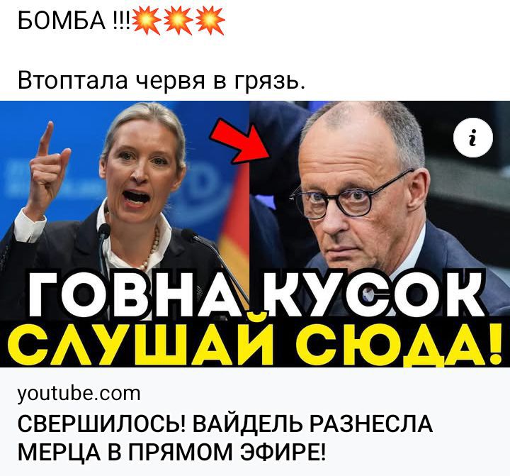 БОМБА !!! Втоптала червя в грязь. ГОВНА КУСОК СЛУШАЙ СЮДА! youtube.com СВЕРШИЛОСЬ! ВАЙДЕЛЬ РАЗНЕСЛА МЕРЦА В ПРЯМОМ ЭФИРЕ!