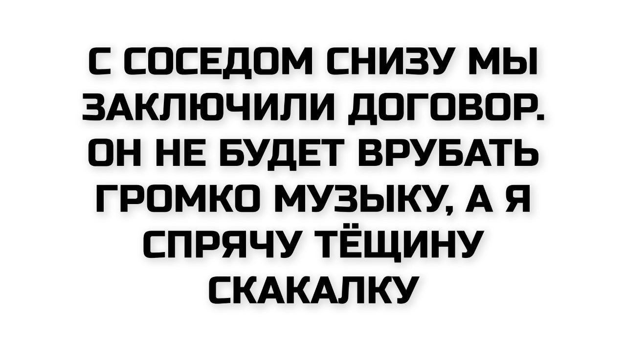 С СОСЕДОМ СНИЗУ МЫ ЗАКЛЮЧИЛИ ДОГОВОР. ОН НЕ БУДЕТ ВРУБАТЬ ГРОМКО МУЗЫКУ, А Я СПРЯЧУ ТЁЩИНУ СКАЛКУ