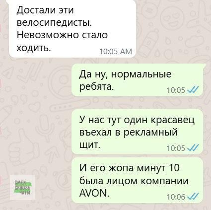 Достали эти велосипедисты. Невозможно стало ходить.
Да ну, нормальные ребята.
У нас тут один красавец въехал в рекламный щит.
И его жопа минут 10 была лицом компании AVON.