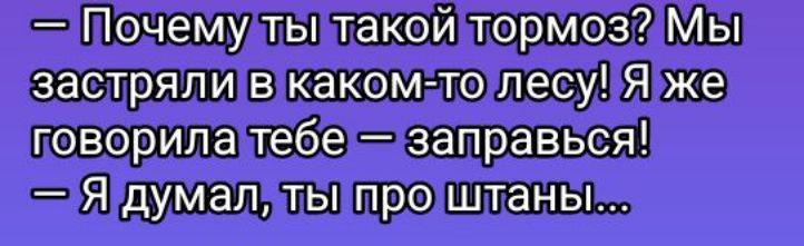 — Почему ты такой тормоз? Мы застряли в каком-то лесу! Я же говорила тебе — заправься!  — Я думал, ты про штаны...