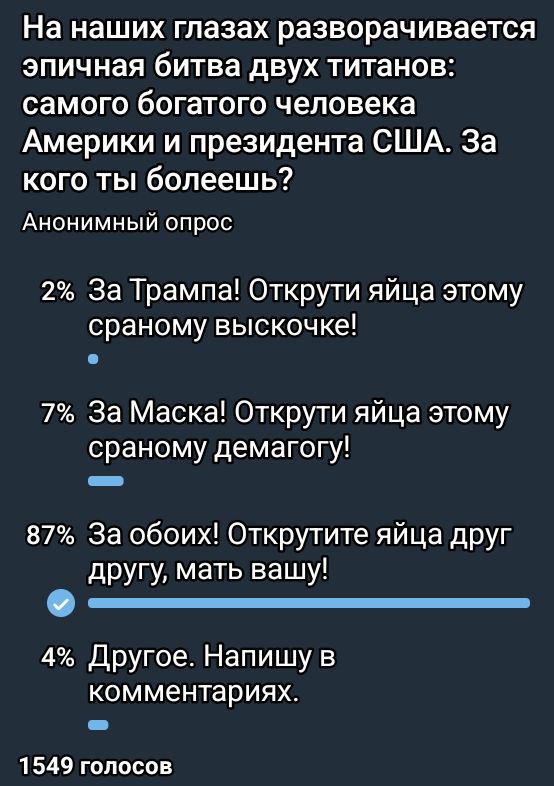 На наших глазах разворачивается эпичная битва двух титанов: самого богатого человека Америки и президента США. За кого ты болеешь? Анонимный опрос

2% За Трампа! Открути яйца этому странному высочке!
7% За Маска! Открути яйца этому странному демагогу!
87% За обоих! Открутите яйца друг другу, мать вашу!
4% Другое. Напишу в комментариях.

1549 голосов