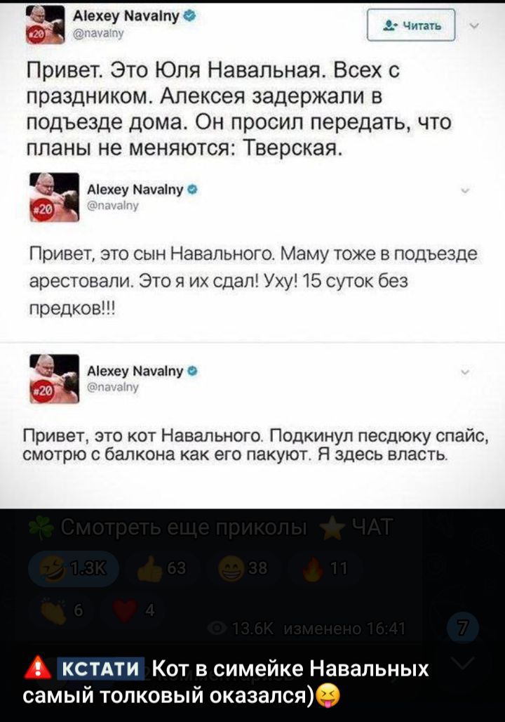 Привет. Это Юля Навальная. Всех с праздником. Алексея задержали в подъезде дома. Он просил передать, что планы не меняются: Тверская.

Привет, это сын Навального. Маму тоже в подъезде арестовали. Это я их сдал! Уху! 15 суток без предков!!!

Привет, это кот Навального. Подкинул песдоку спайс, смотрю с балкона как его пакуют. Я здесь власть.