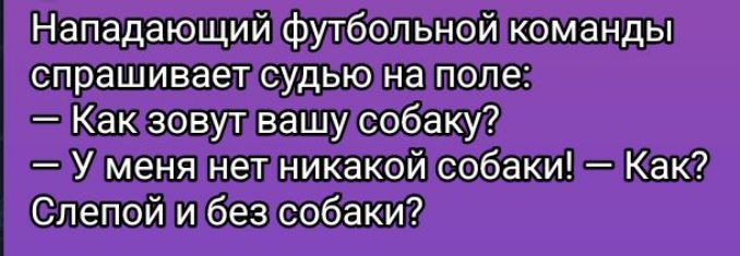 Нападающий футбольной команды спрашивает судью на поле:
— Как зовут вашу собаку?
— У меня нет никакой собаки! — Как? Слепой и без собаки?