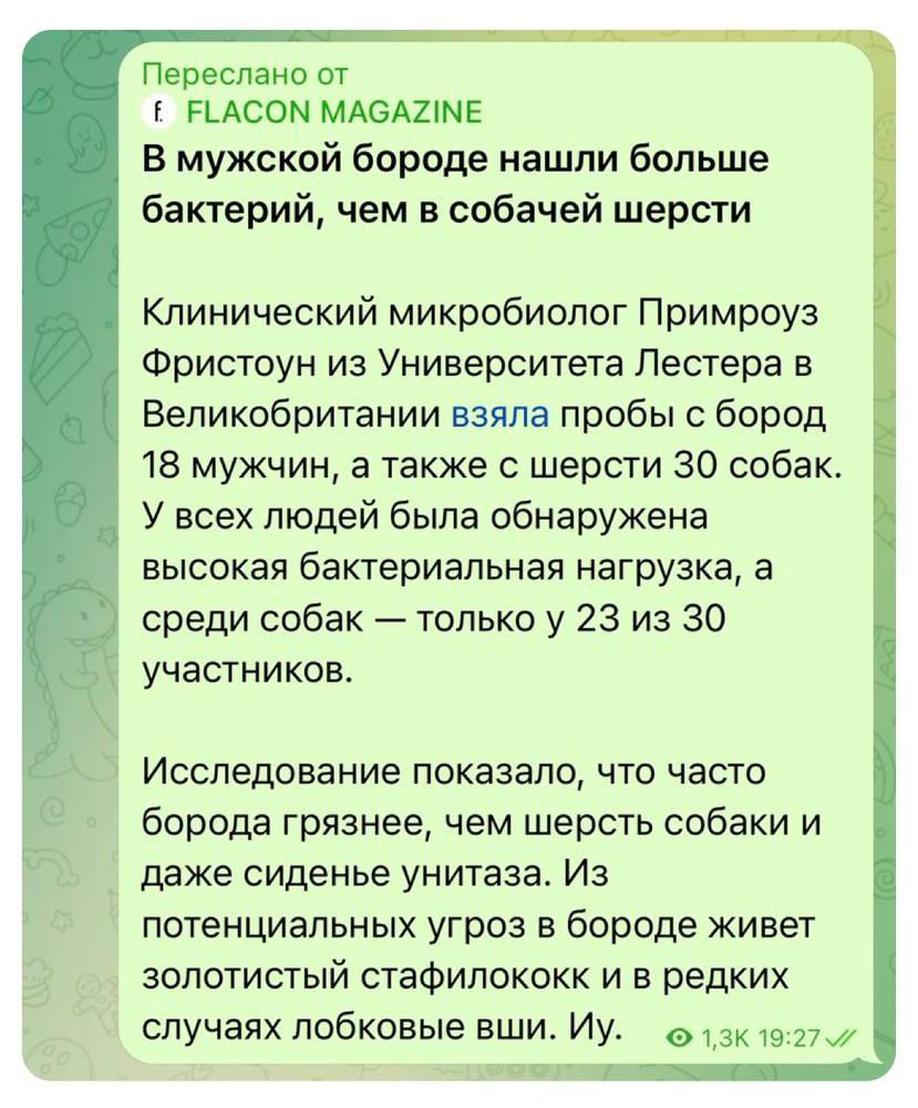 В мужской бороде нашли больше бактерий, чем в собачьей шерсти

Клинический микробиолог Примироз Фристоун из Университета Лестера в Великобритании взял пробы с бород 18 мужчин, а также с шерсти 30 собак. У всех людей была обнаружена высокая бактериальная нагрузка, а среди собак — только у 23 из 30 участников.

Исследование показало, что часто борода грязнее, чем шерсть собак и даже сиденье унитаза. Из потенциальных угроз в бороде живет золотистый стафилококк и в редких случаях лобковый вш. Ию.
