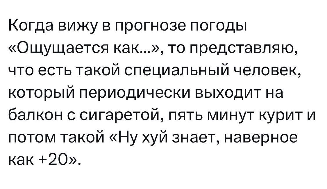 Когда вижу в прогнозе погоды «Ощущается как...», то представляю, что есть такой специальный человек, который периодически выходит на балкон с сигаретой, пять минут курит и потом такой «Ну хуй знает, наверное как +20».