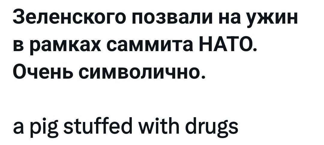 Зеленского позвали на ужин в рамках саммита НАТО. Очень символично.
a pig stuffed with drugs